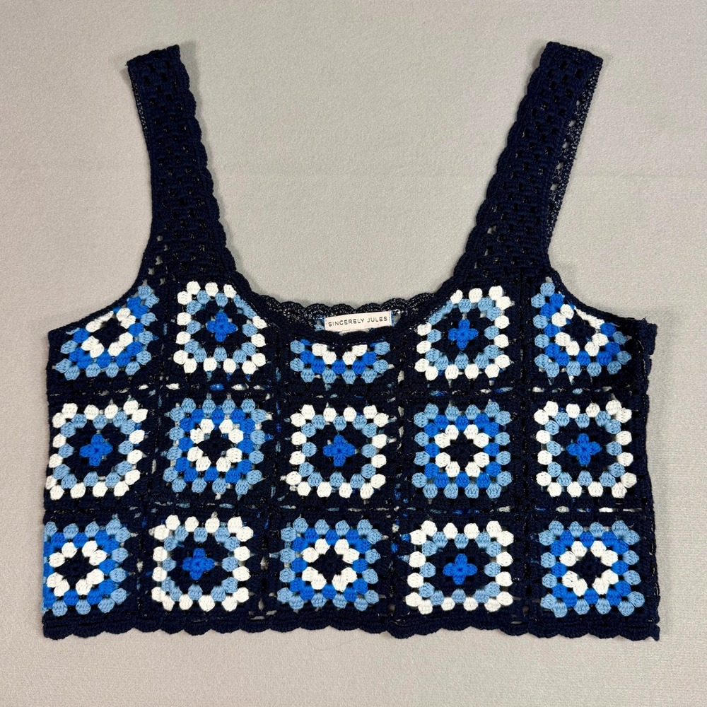 Sincerely Jules Crochet Crop Top M Blue Granny Square Tank ST21037 Boho Festival